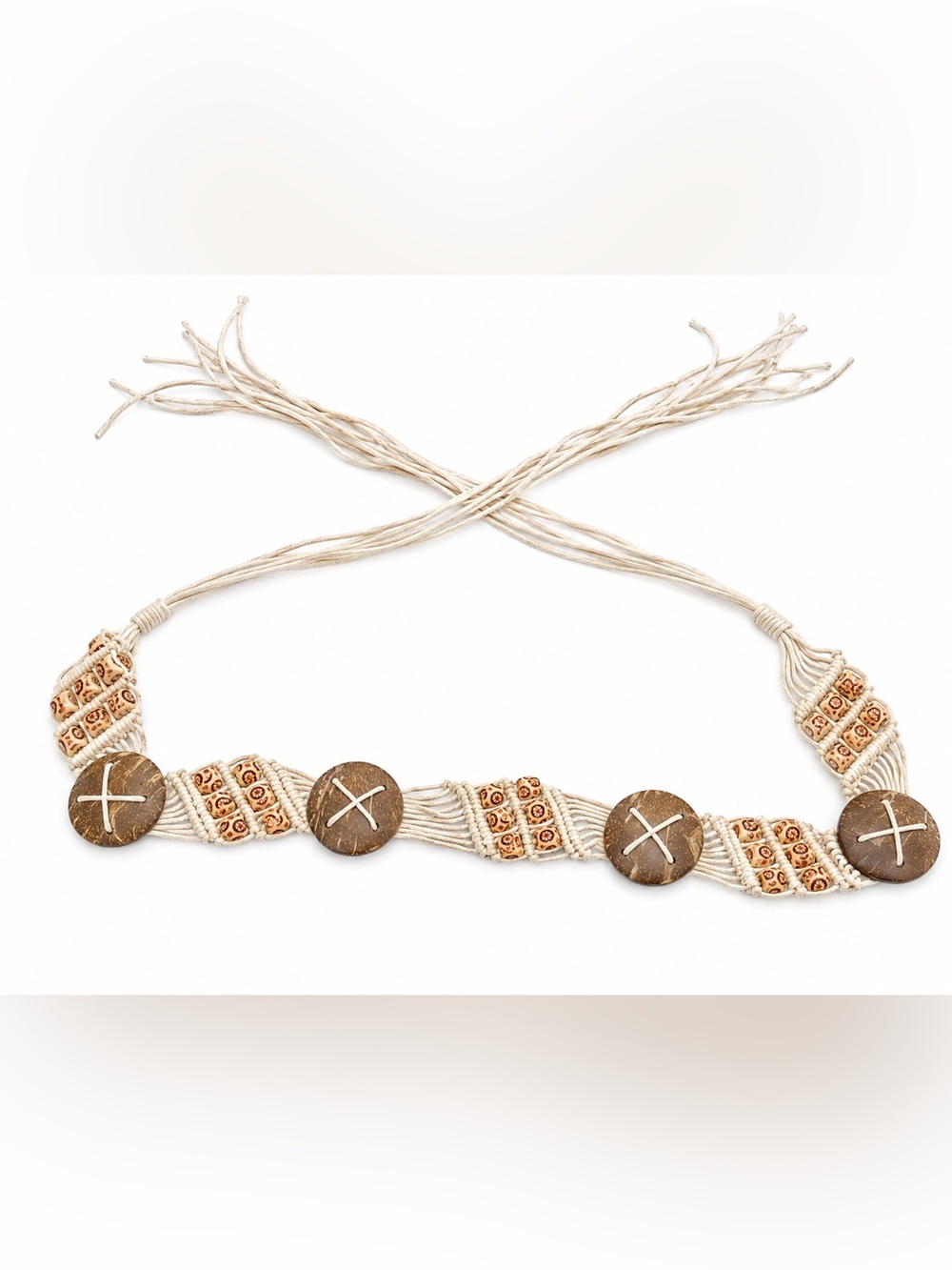 Vintage Style Boho Macramé Tie Belt Natural Wood Look Beads Adjustable Festival